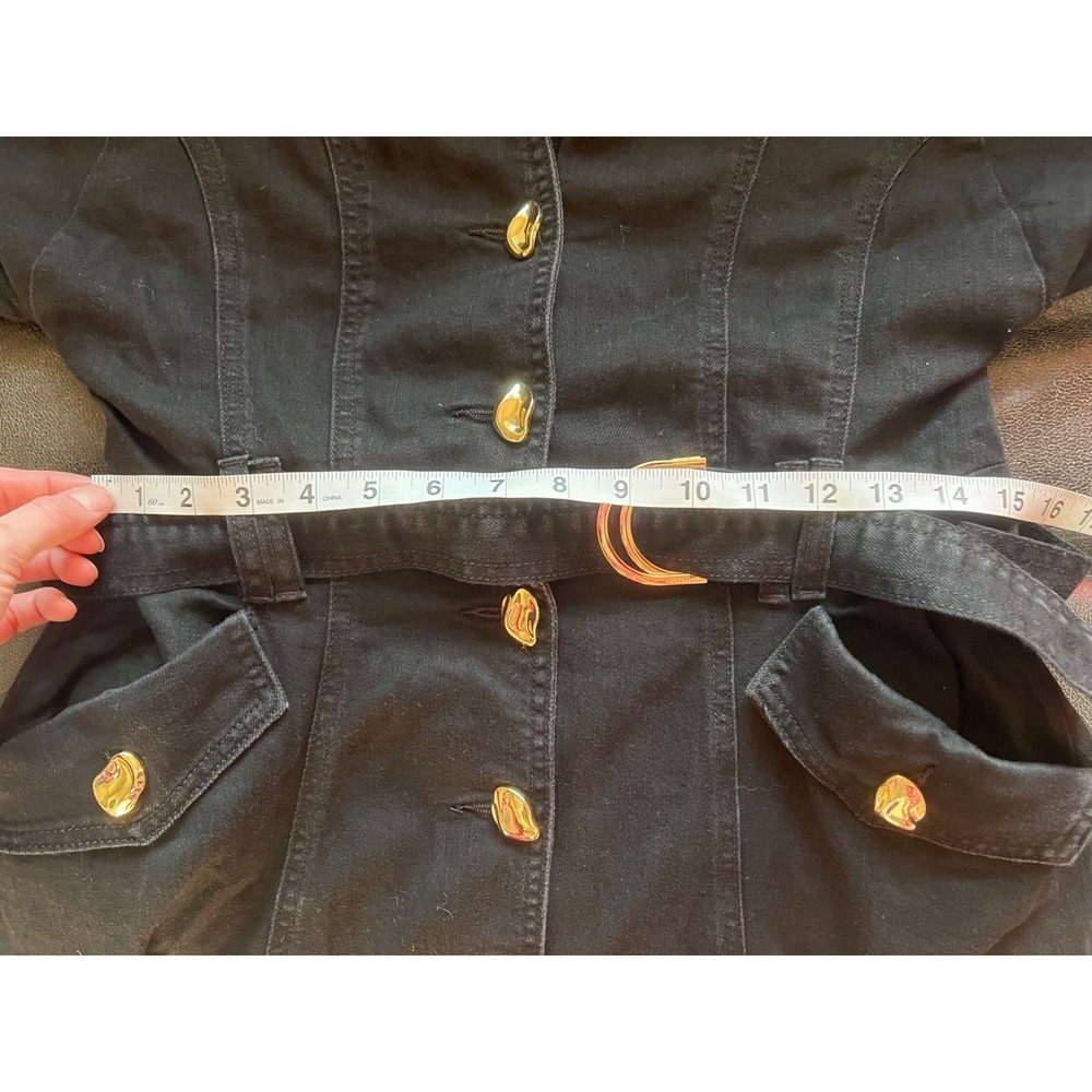 Commense Black Denim Puff Sleeve Belted Mini Dress Gold Dark academia work XS - Picture 9 of 9